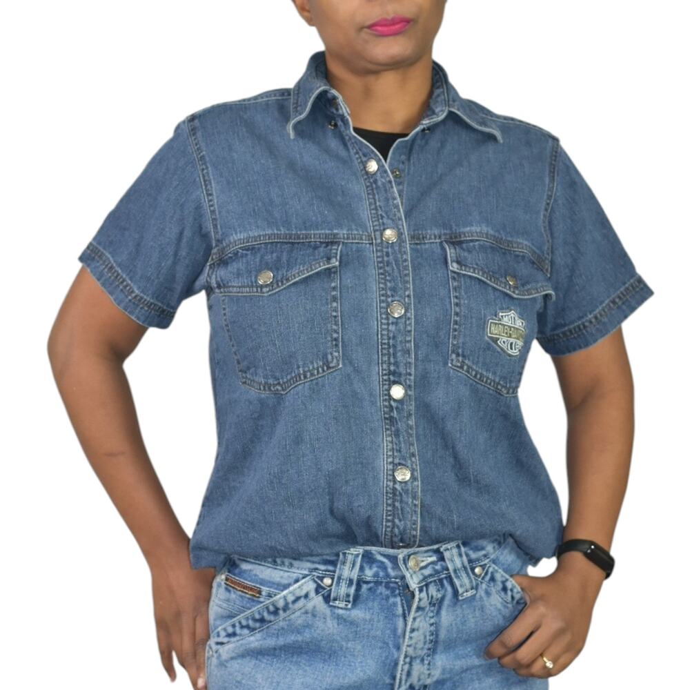 Vintage Harley Davidson Denim Shirt Blue Logo Patch Motorcycles Bike Size Medium